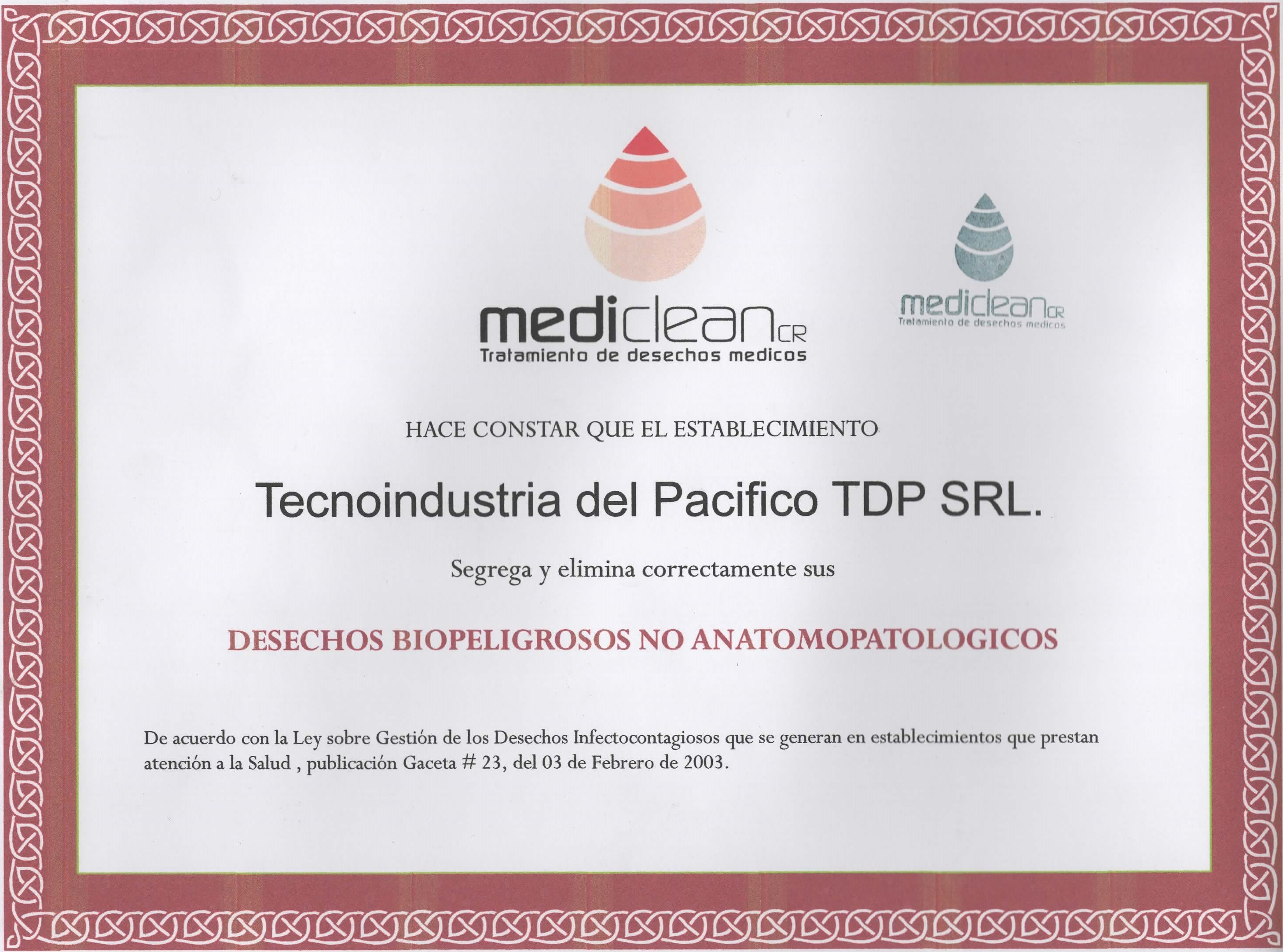 Certificado de Laboratorio, control de los desechos Biopeligrodos, MediClean CR
