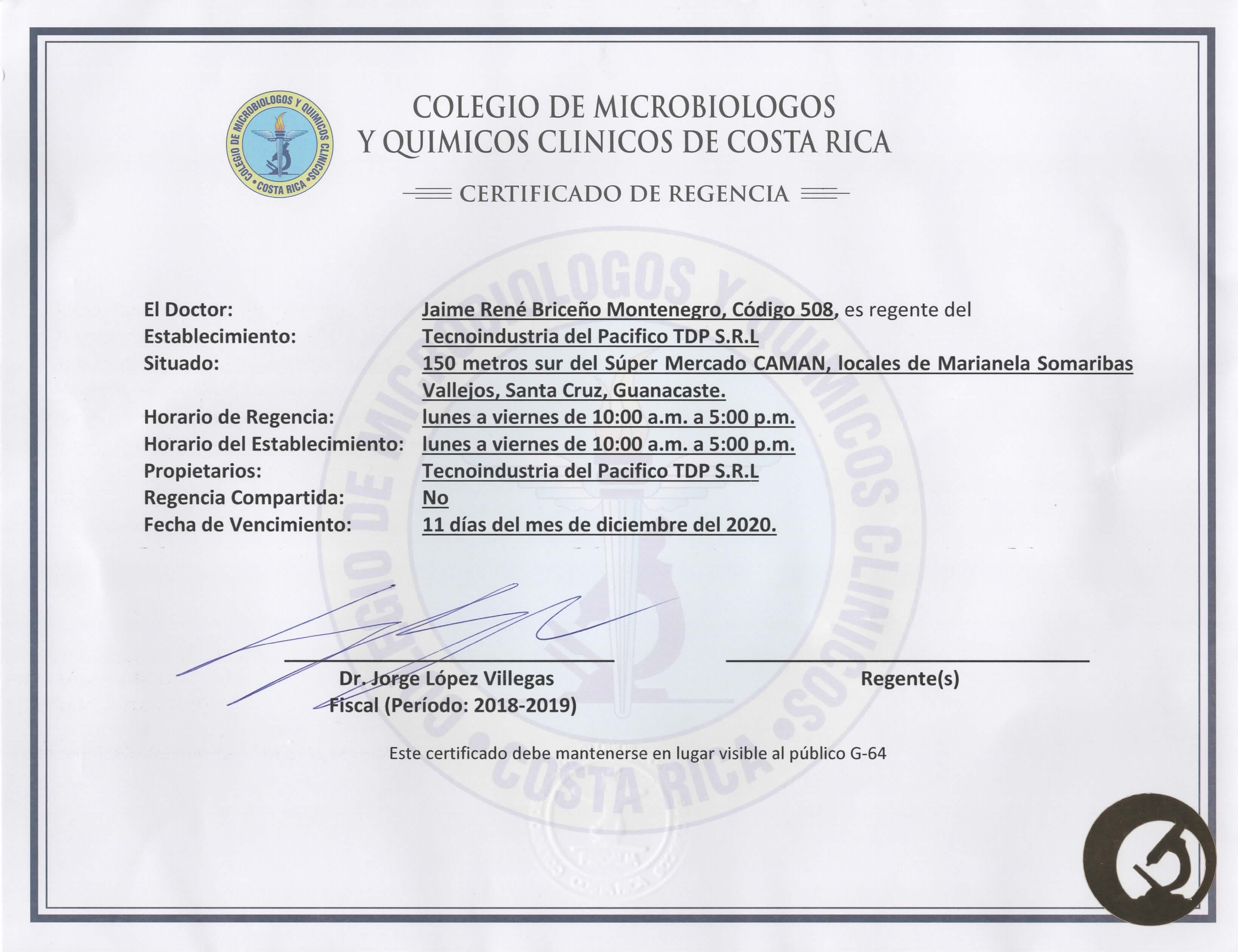 Certificado de Laboratorio, Colegio de Microbiólogos Químicos Clínicos de Costa Rica