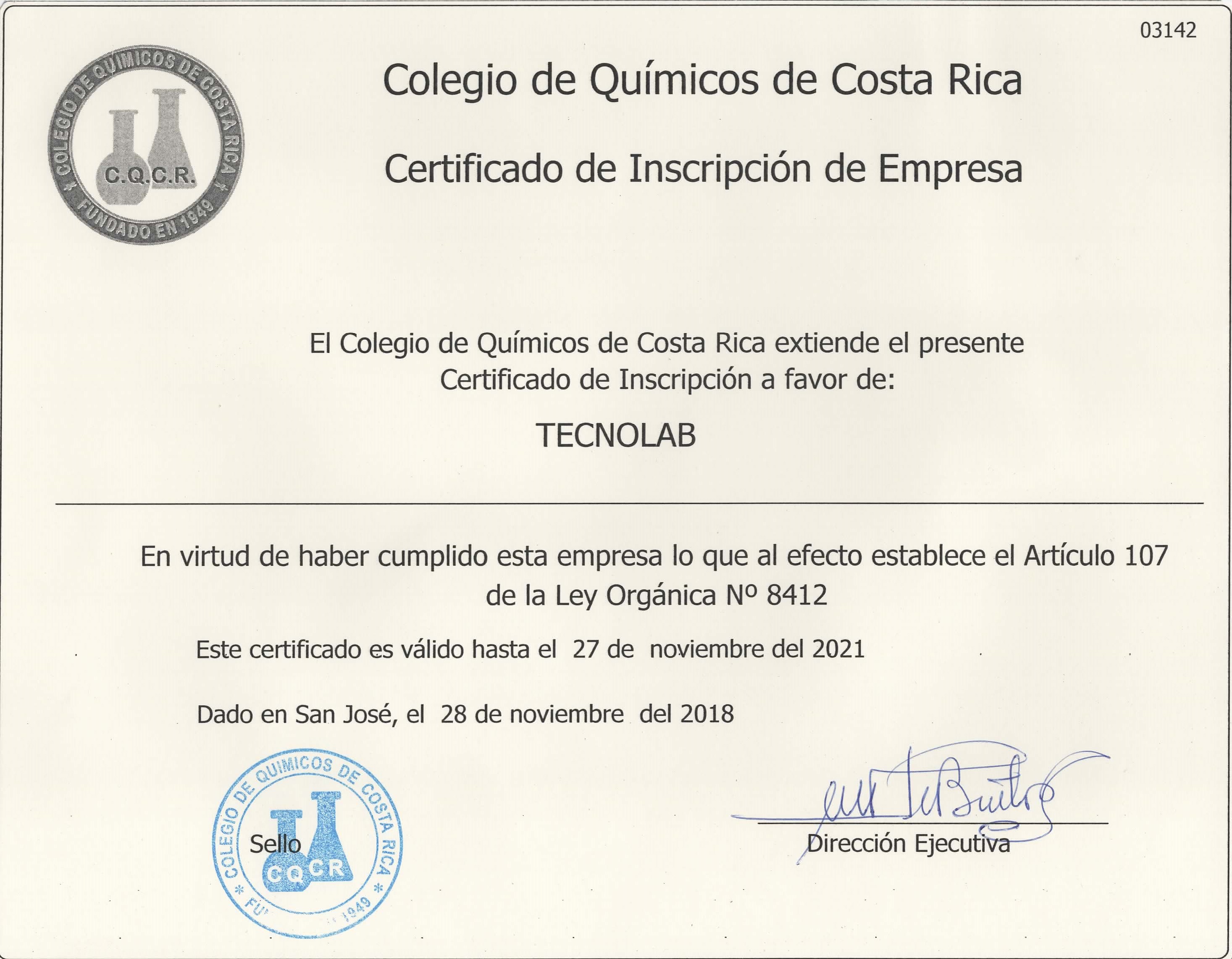Certificado de Laboratorio, Colegio de Químicos de Costa Rica